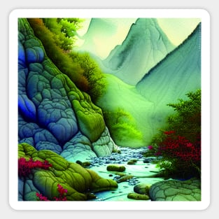 Digital painting of Mountains and River with blue Theme Magnet